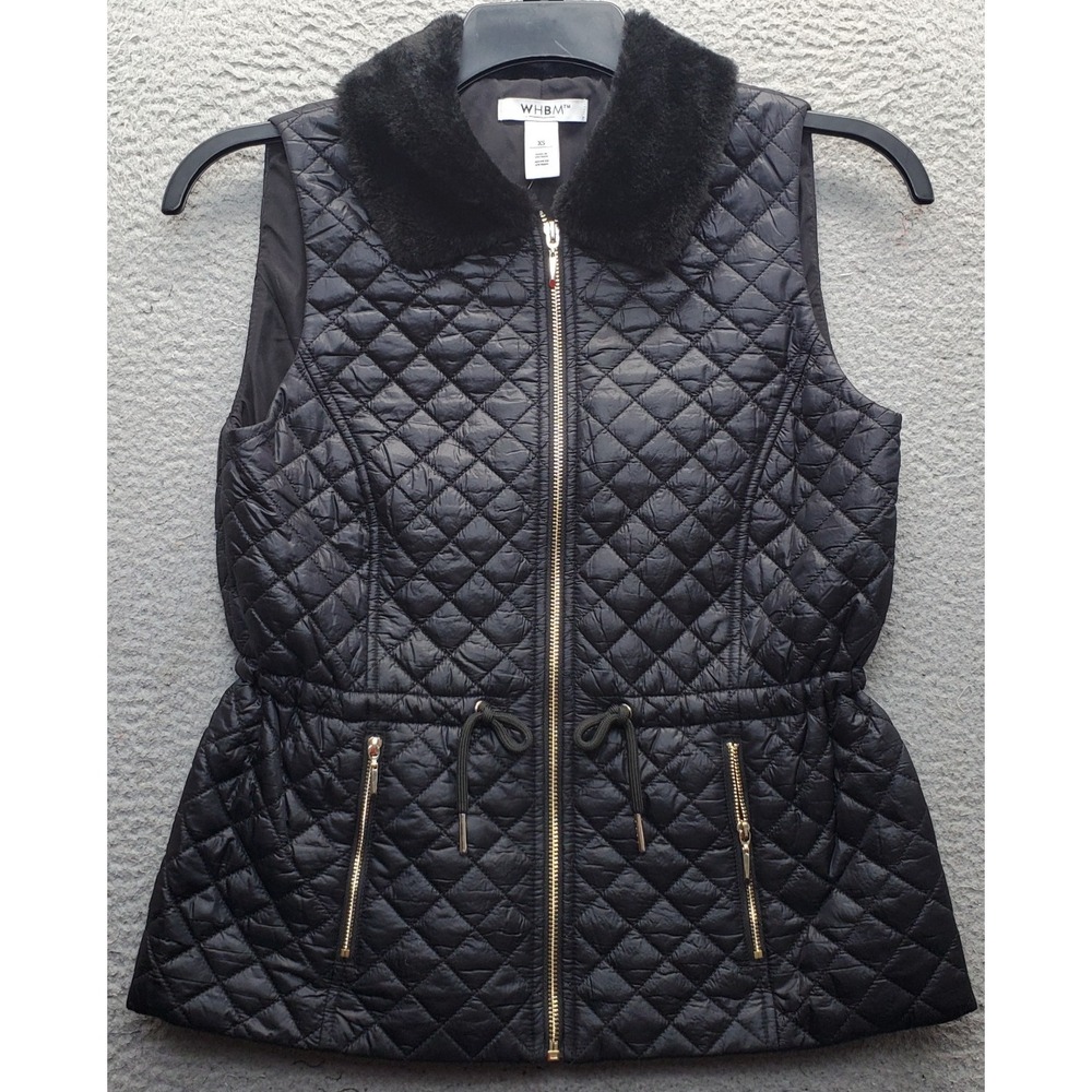 WHBM Quilted Puffer Vest Womens XS Black Faux Fur Collared Full Zip Outdoor